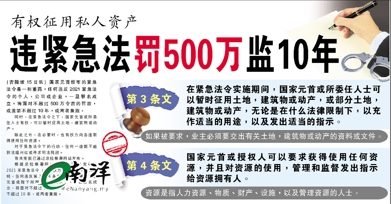 有权征用私人资产 违紧急法罚500万监10年