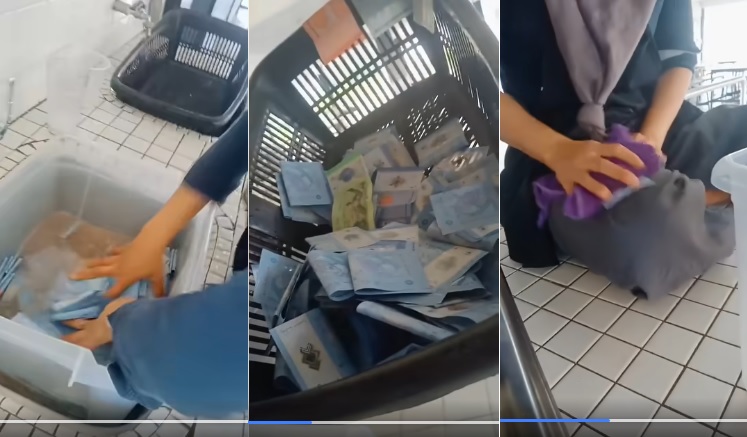 食堂员工真“洗钱” 钞票浸水数秒脏水涌现