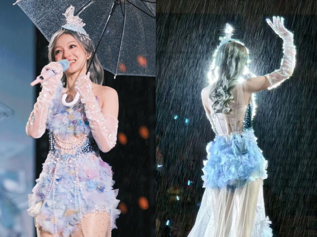 张韶涵暴雨中演唱 薄纱礼服美出新高度