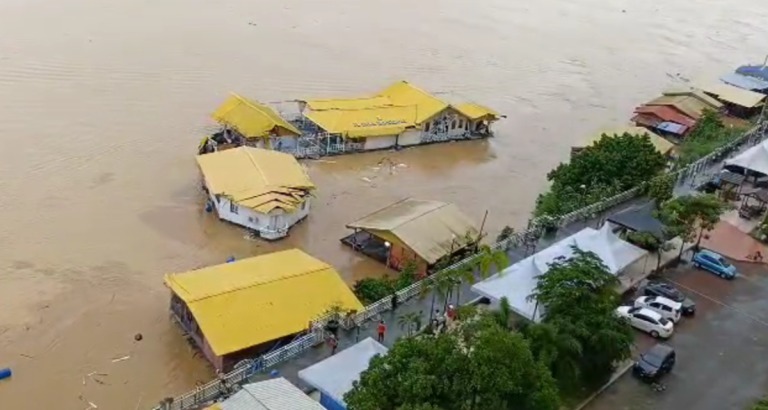 【视频】大树倒塌砸中屋顶 水上餐厅遭急流冲走