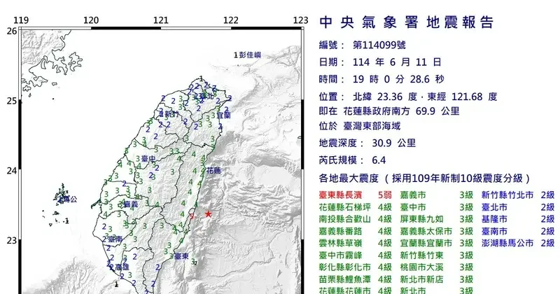 花莲近海6.4地震 台东最大震度5级