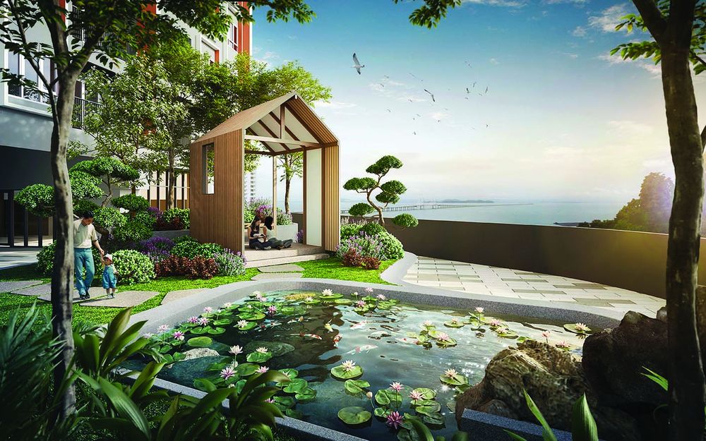 优美水景设施锦鲤池为住户在喧嚣的城市中提供一处宁静的休憩空间。