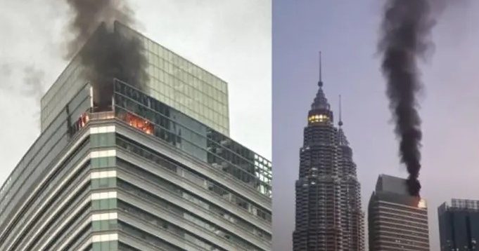 【视频】KLCC第3大楼顶层起火 消防员紧急扑救中